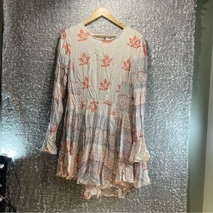 Free People Tan Floral Boho Bell Sleeve Mini Fairy Lined Goth Size 12 Rayon